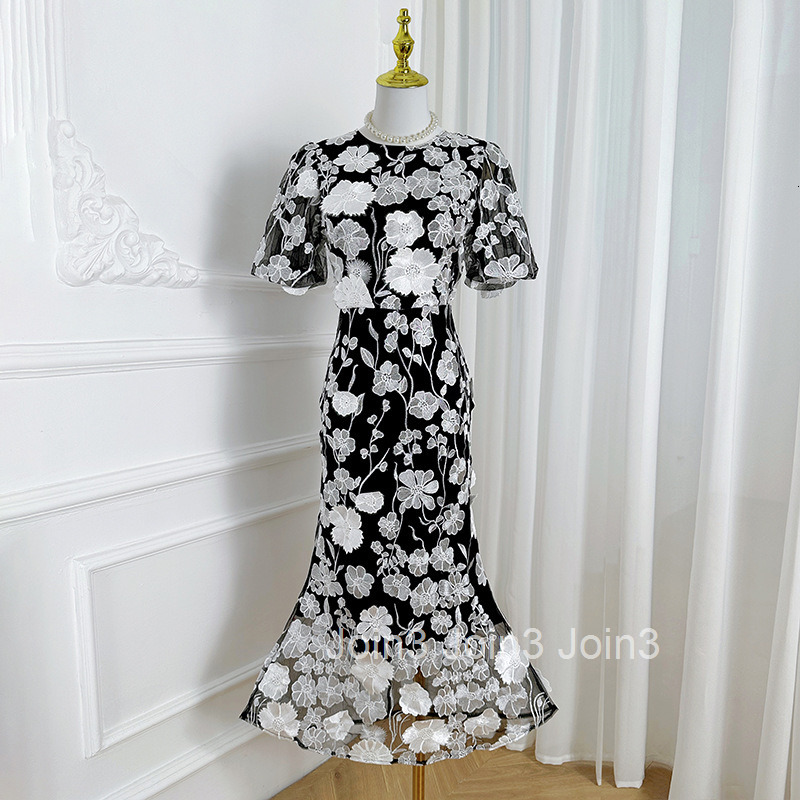 597 Heavy Craft Handmade Three-Dimensional Colorful Embroidery Puff Sleeve Bodycon Elegant Mermaid Dress