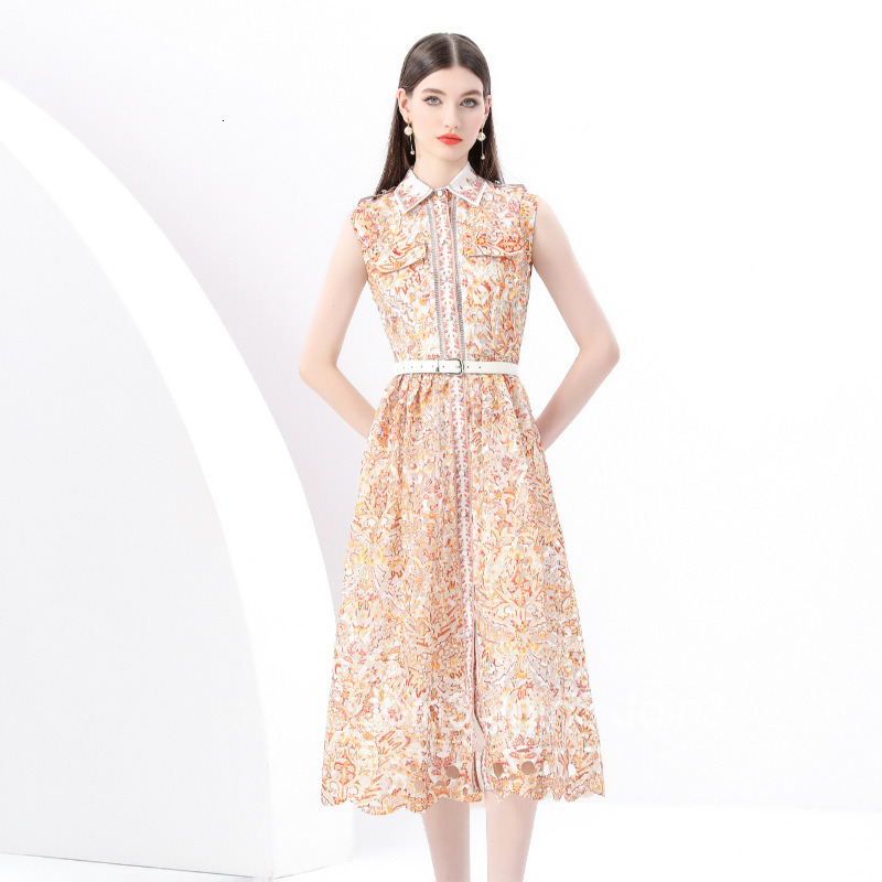 6196 Early Spring New Womens Fashion Elegant Lace Collar Waist-Cinching Sleeveless Long Dress Printed Dress