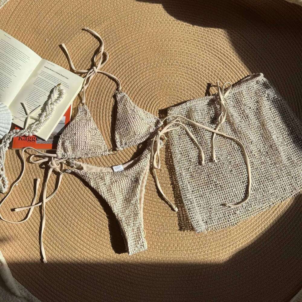 2025 New Halter Strappy Hollow Out Skirt Female Swimsuit Women Swimwear 3 Pieces Bikini Set Bather Bathing Suit Swimwears