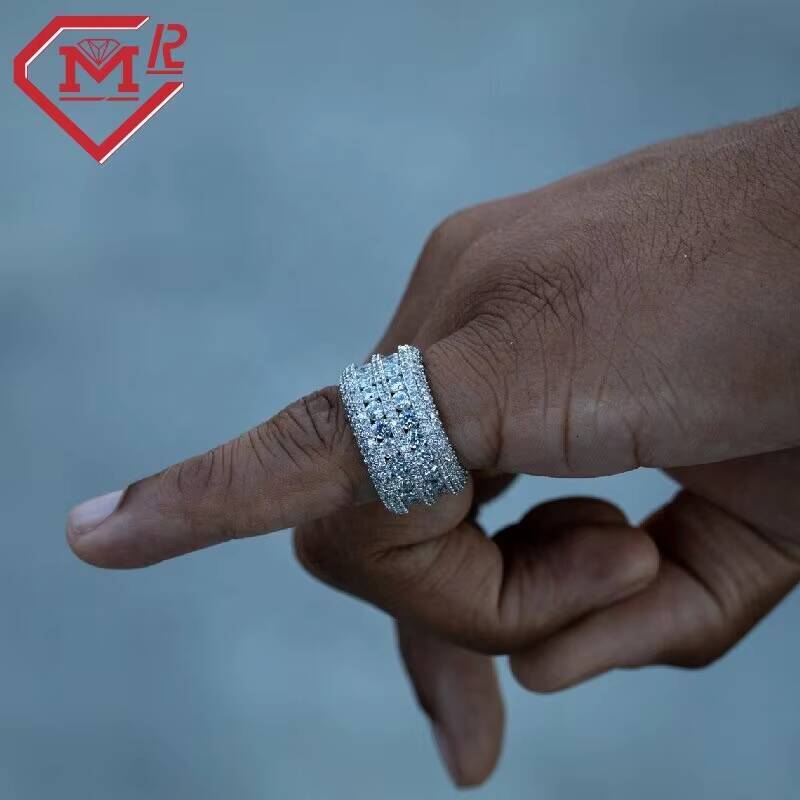Double Rows Iced Out Moissanite Hip Hop Ring Pass Diamond Tester VVS Moissanite Diamond Ring for Men