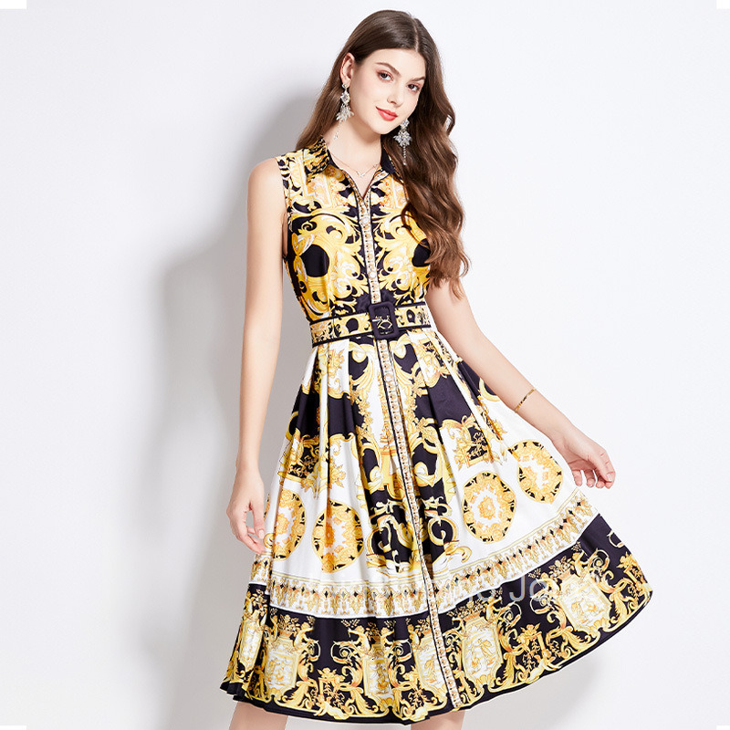 2508 Summer New Womens Printed Turn-down Collar Slim Waist Elegant Flared Midi Dress
