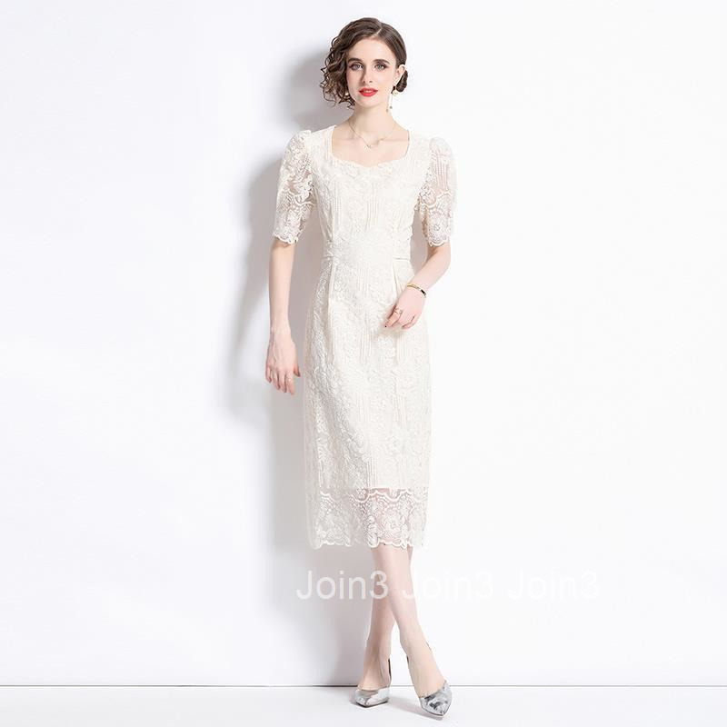 8561 Summer New Womens Fashion Square Neck Lace Embroidered Waist Slimming Elegant Dress