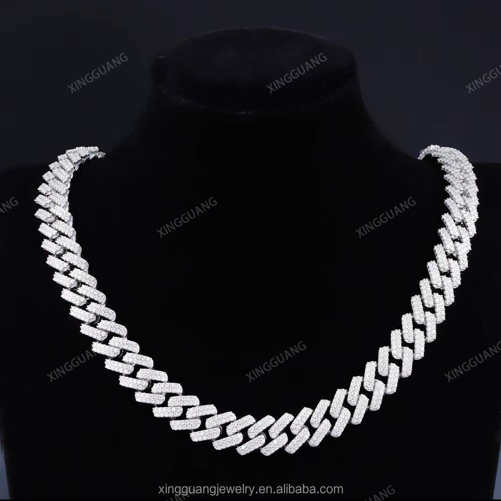 XingGuang Hot Selling Pass Diamond Tester 925 Solid Silver 13mm 2Rows Iced Out Hip Hop Moissanite Diamond Cuban Link Chain