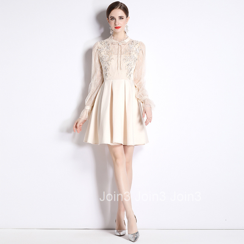 989 Spring and Autumn New Womens Fashion Elegant Beaded High Waist Slimming Mesh Long Sleeve Patchwork A-line Dress