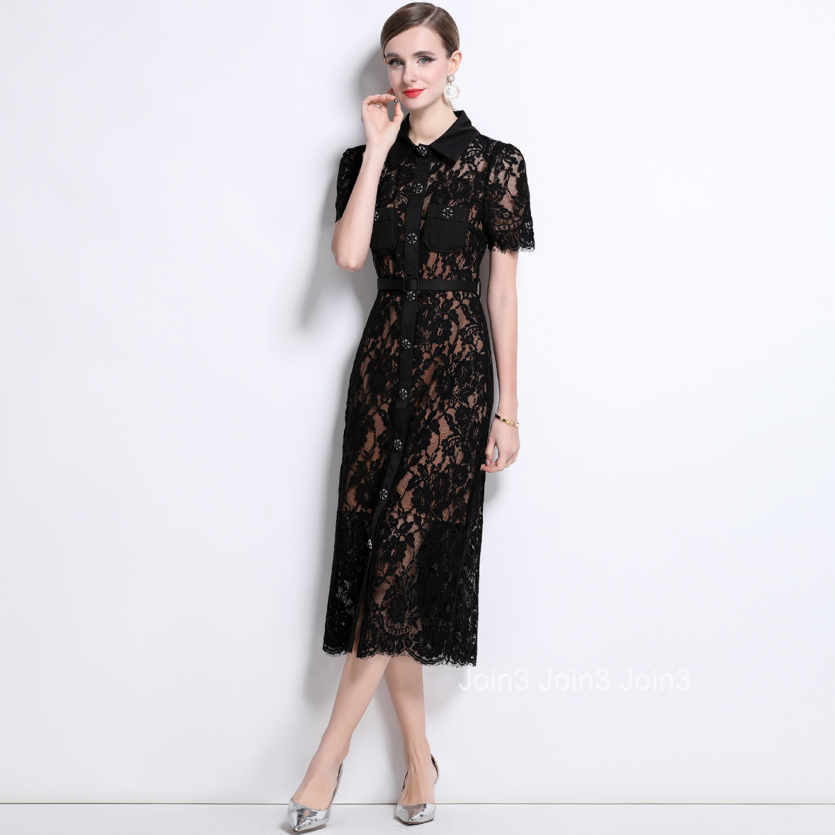 1693 Lace Collar Short Sleeve Single-Breasted Slim Fit Inner Layer Strap Dress with Belt