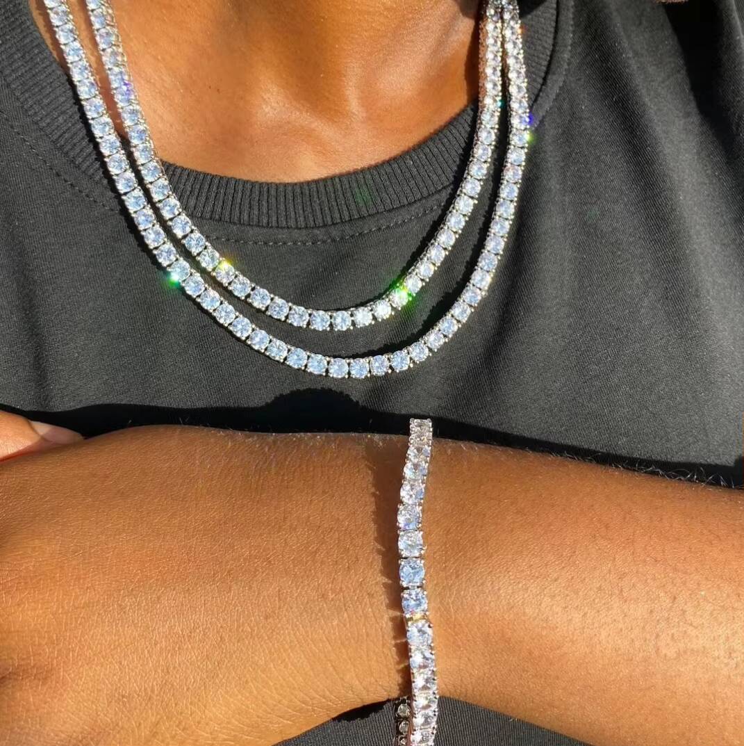 Factory Price Silver with Gold Plated VVS D Color Moissanite Diamond Tennis Chain for Hip Hop Jewelry