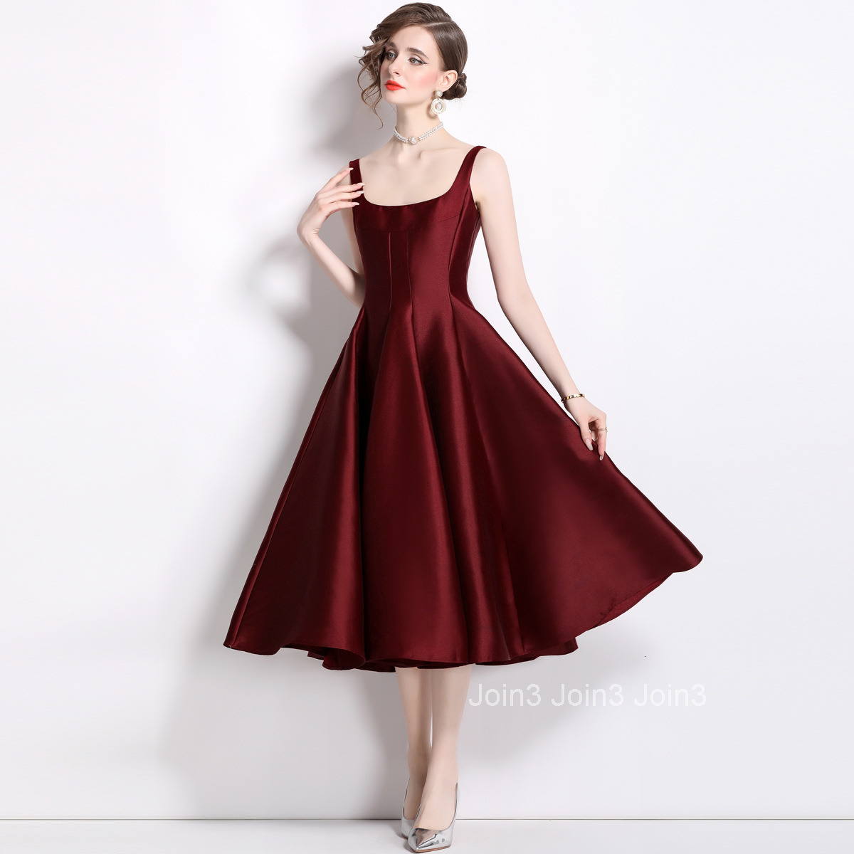 882 Summer New Womens Fashion Elegant Waist-Cinching Slimming Maroon Dress Strap Flared Long Dress