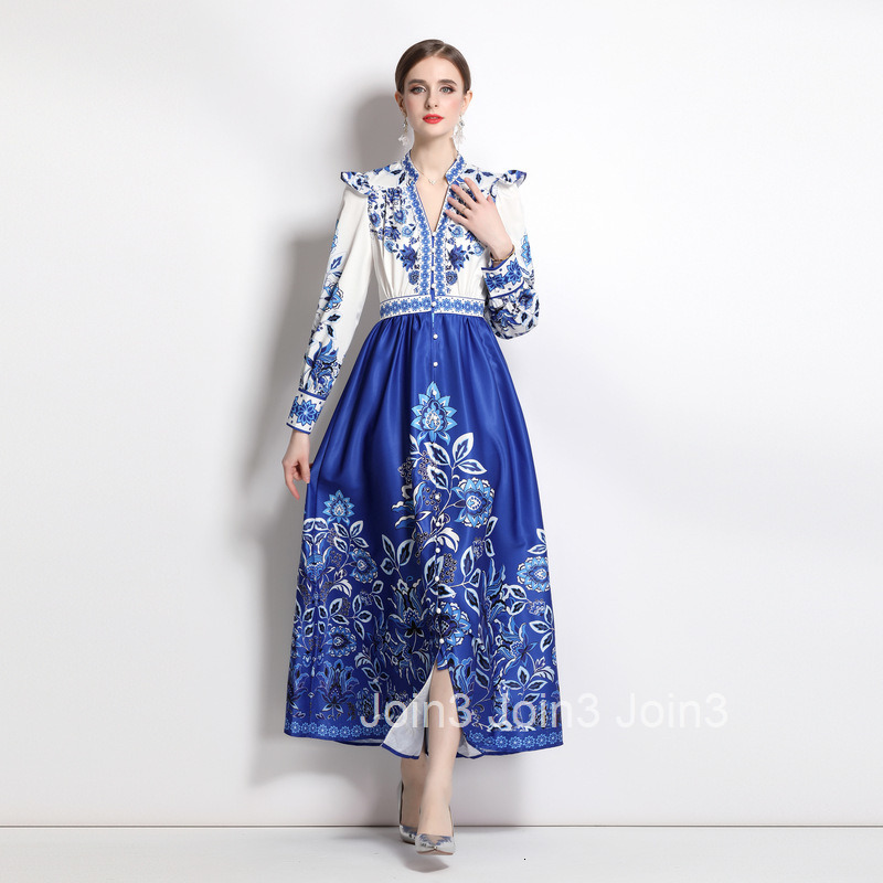 2296 Spring New Womens Printed Slimming Waist Elegant Long Sleeve Flared Long Dress