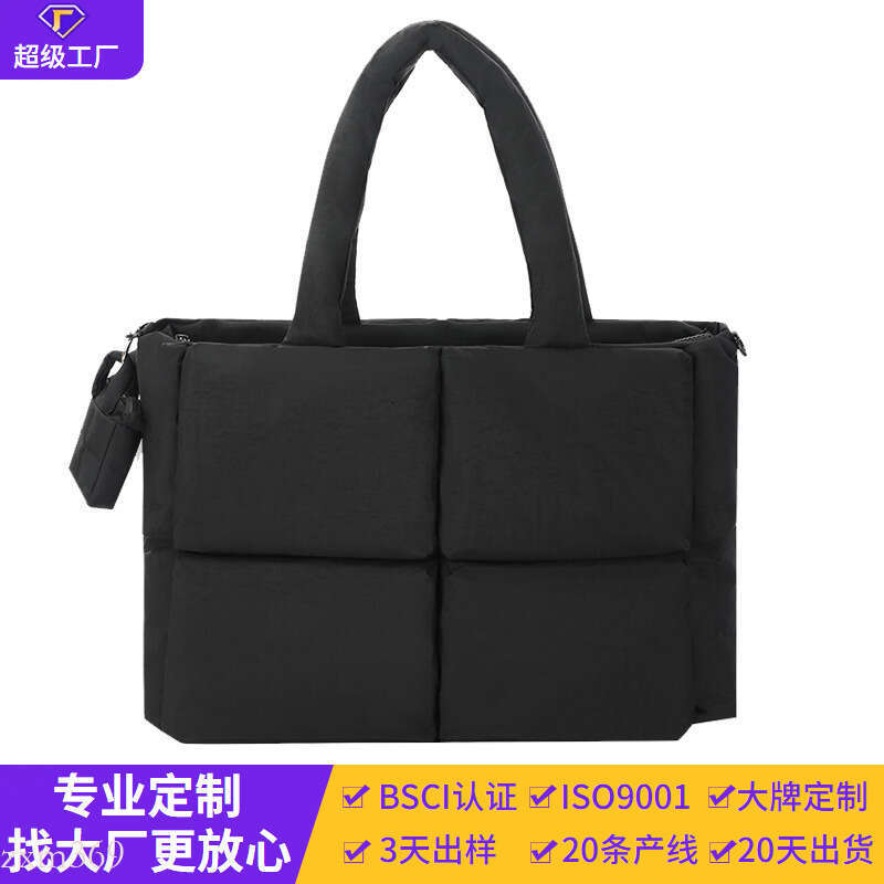 Simple Down Solid Color Cotton-Filled Space Tote Soft Checkered Handbag Shoulder Bag