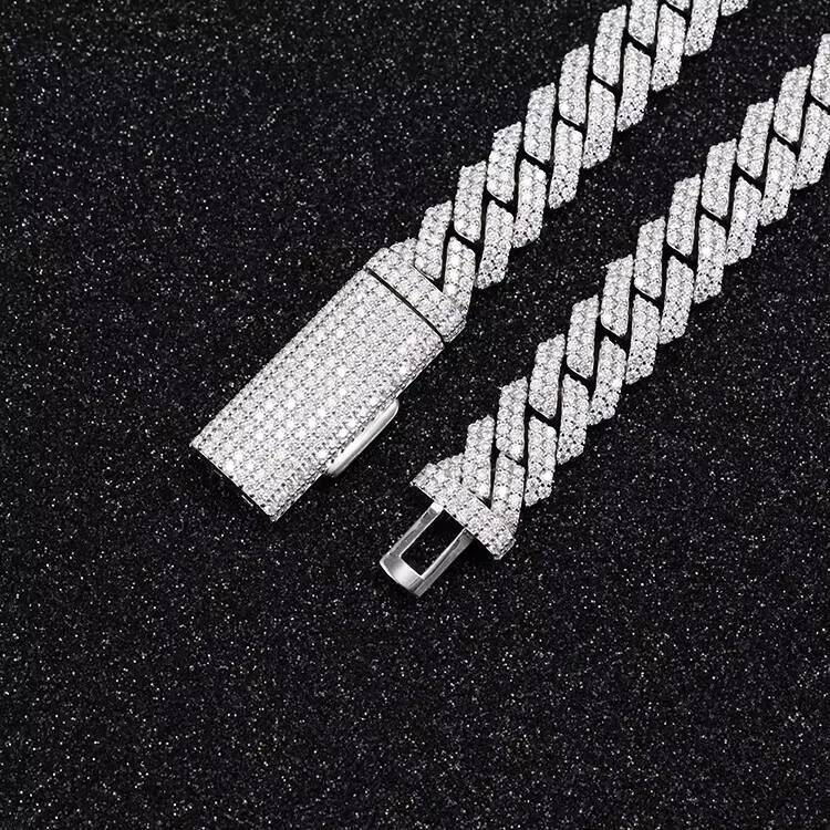New Trendy 2Rows 10-20mm VVS Moissanite Diamond 925 Silver Cuban Link Chain for Rapper Hiphop Jewelry