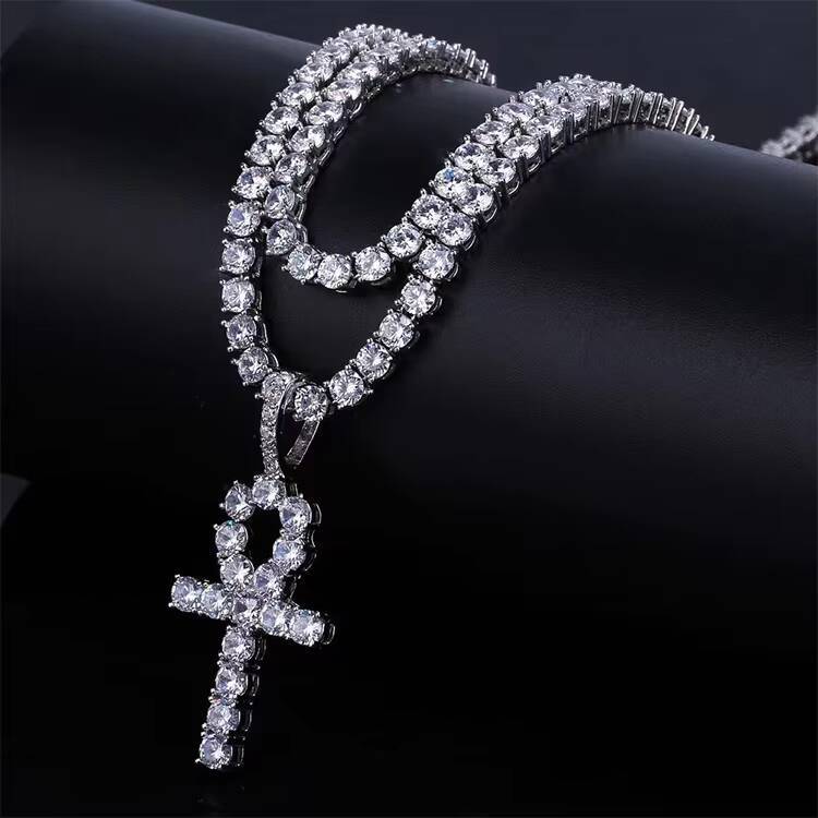 Hot Fashion Ankh Cross Pendant 3mm Width 925 Solid Silver D/VVS Moissanite Hip Hop Ankh Cross Pendant for Necklace
