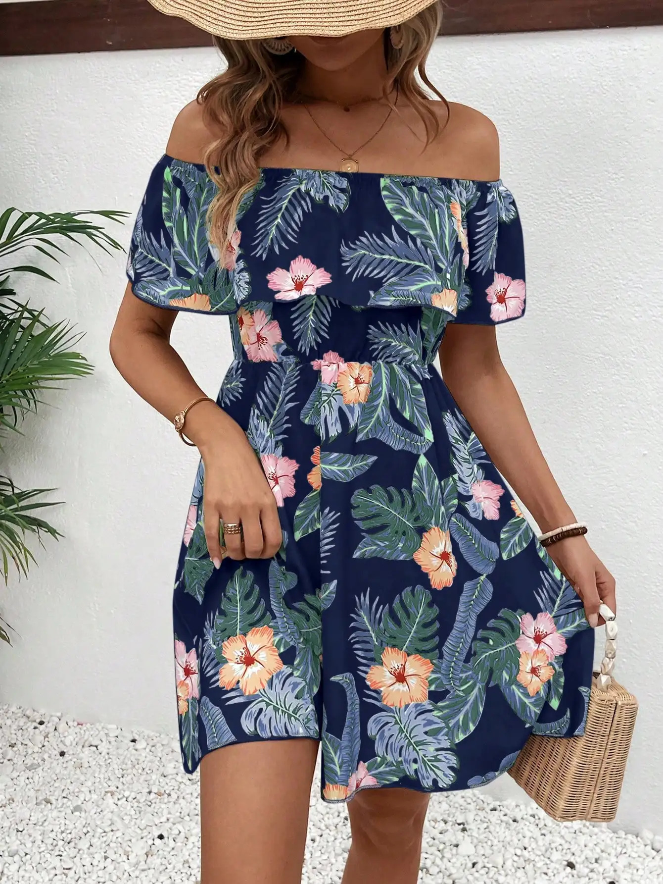 Elegant fashion womens dress line neck short sleeve ruffle full body print casual 250717