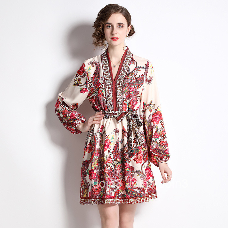 5602 Fashion Positioning Floral Slimming Elegant V-neck Belted Dress