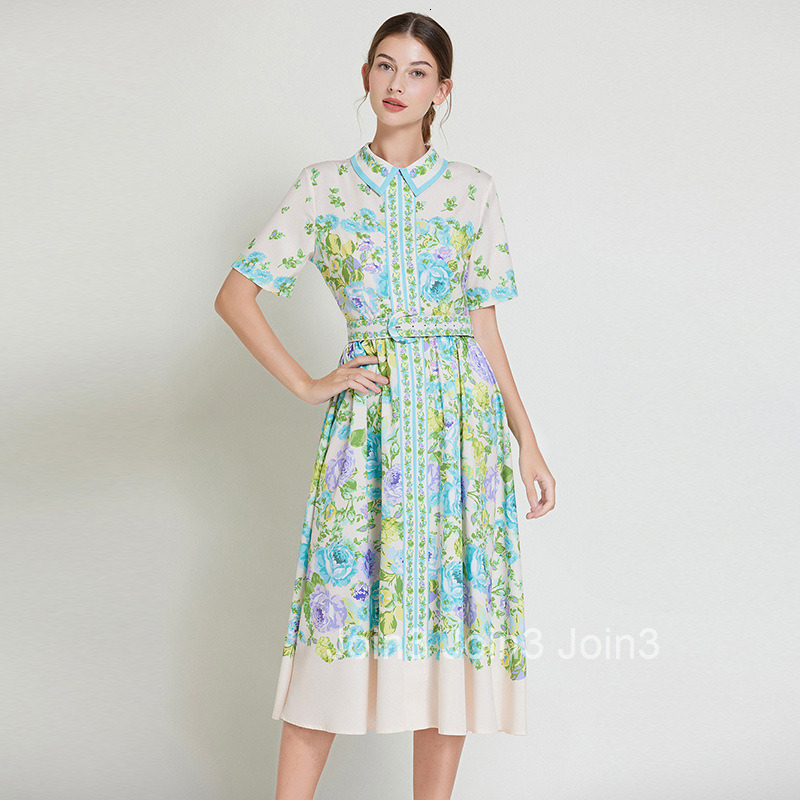 8527 Summer New Womens Fashion Elegant Printed Dress Slim Fit Slimming Turn-Down Collar Short Sleeve Mid-Length Dress