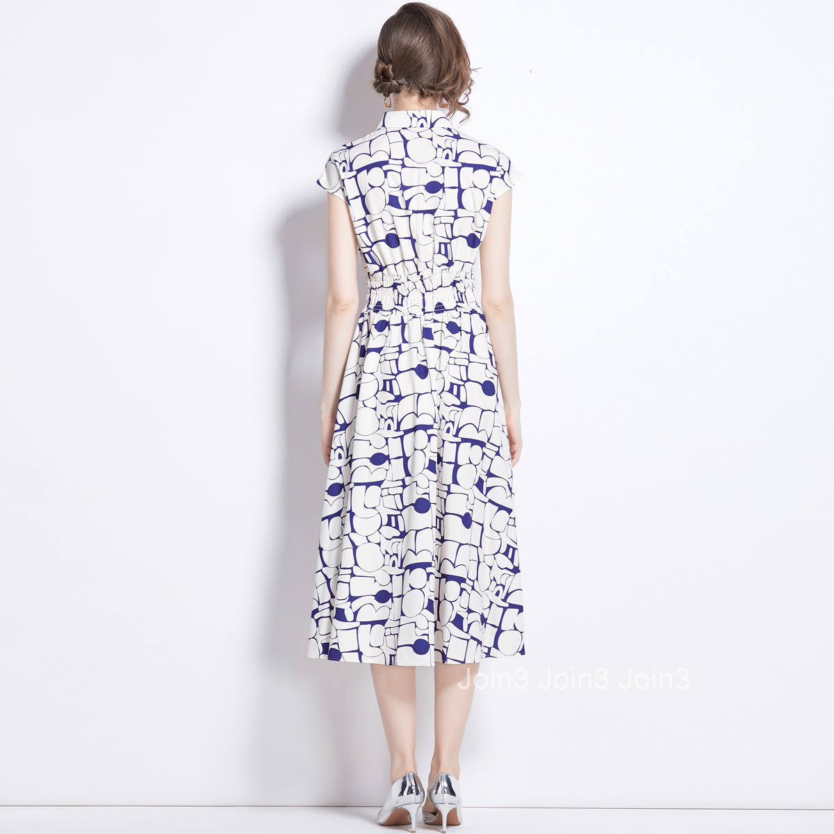 1655 Summer New Womens Fashion Elegant Turn-Down Collar Short Sleeve Ink Print Mid-Length Flared Dress
