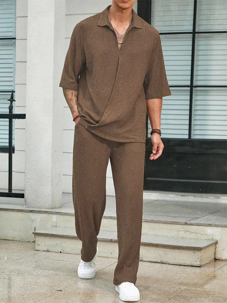 Summer Fashion Textured Outfits For Men Casual Breathable Shirt And Trousers Two Pieces Sets Mens Leisure Solid Color Suits 250715