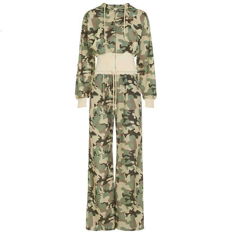 Camouflage Two-Piece Personality Leisure Street Sports Set Short Waist Hooded Cardigan Jacket Long And Wide Leg Pant