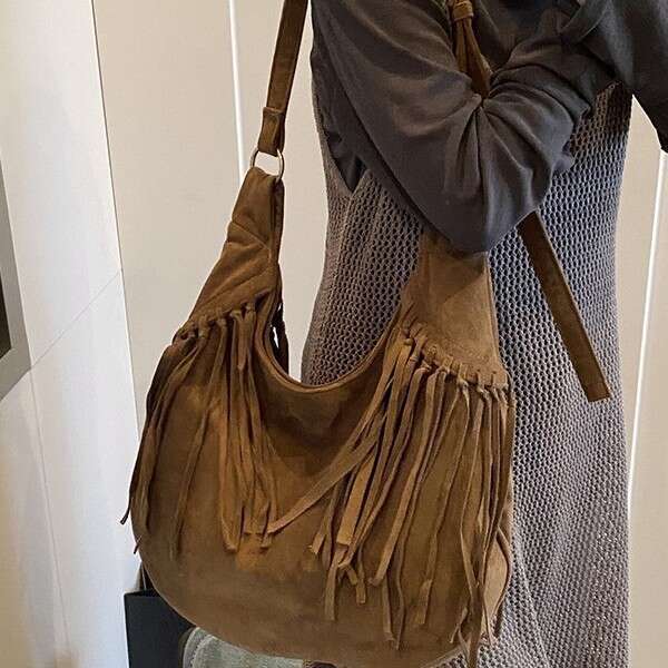Tassel Large Capacity Tote Crescent Trendy Single Shoulder Women's Simple Crossbody Suede Dumpling Bag