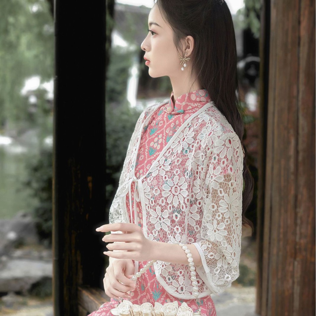 K1416 New Chinese style white ice silk chiffon cardigan women's summer cheongsam outer wear tulle shawl waistcoat top