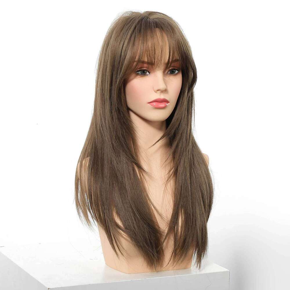 EASIHAIR Brown Straight Layered for Women Long Natural Hair Synthetic With Bangs Daily Use Party Heat Resistant Wigs