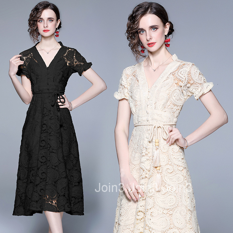 8326 Summer Heavy Craft French Court Lantern Sleeve Exquisite Water-Soluble Lace Long Dress with Waist Delivery