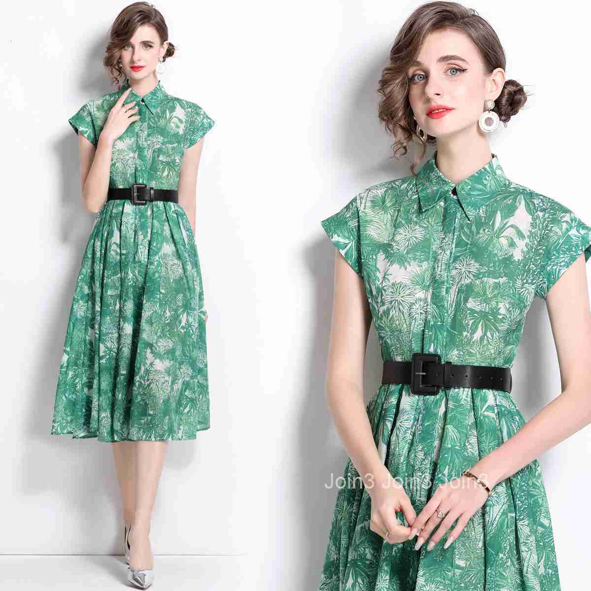 1664 Summer New Womens Printed Turn-Down Collar Short Sleeve Slim Mid-Length Dress with Belt