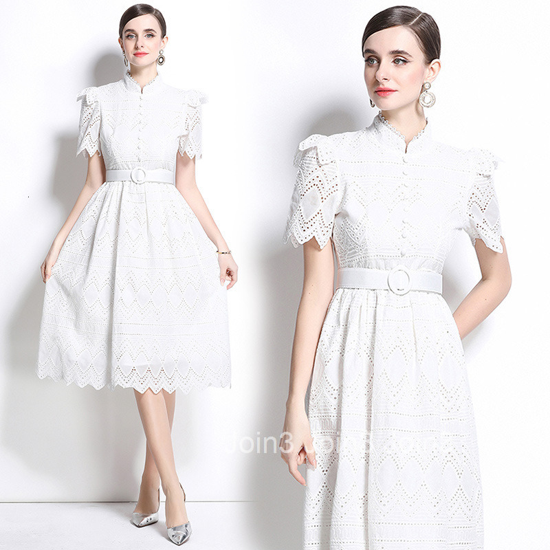 710 New Product Lace Elegant Splicing Waist Short Sleeve Dress