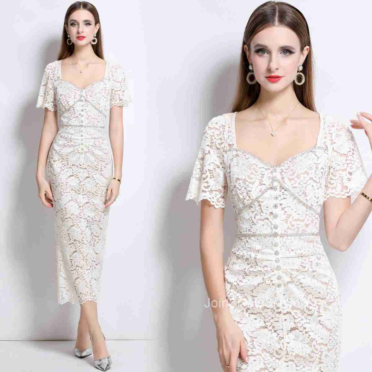 9633 French Court Style Square Neck Short Sleeve Lace Slimming Dress with Camisole