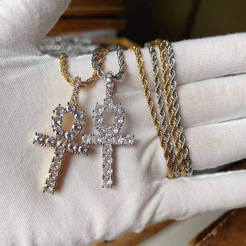 Hot Fashion Ankh Cross Pendant 3mm Width 925 Solid Silver D/VVS Moissanite Hip Hop Ankh Cross Pendant for Necklace