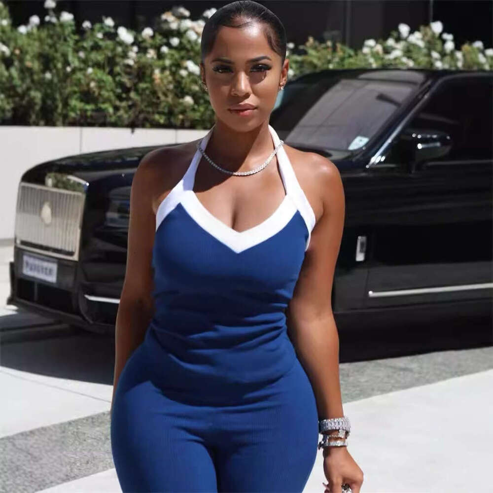 Summer Cross-Border European and American New Fashion Elastic Color-Block Halter Design Tank Top Tight Mid-Length Pants Set for Women