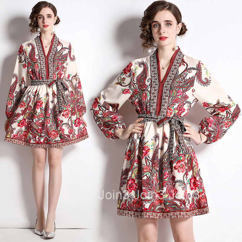 5602 Fashion Positioning Floral Slimming Elegant V-neck Belted Dress