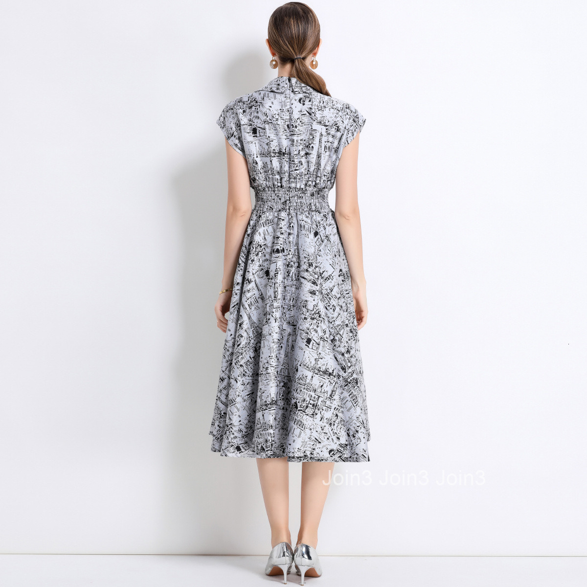 9635 Short Sleeve Dress for Women Waist-Cinching Slimming Ink Painting Jacquard Stylish Dress