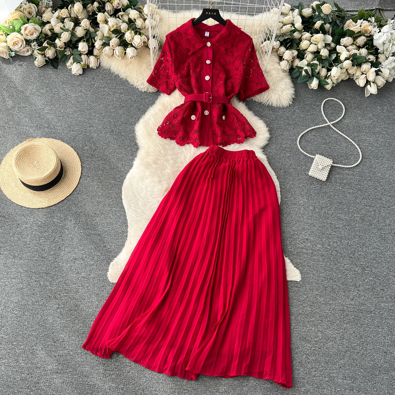 Women Chic French Two Pieces Sets Lapel Short Sleeve Shirt Elegant High Waitst A-line Pleated Skirt Chiffon Fashion Summer Sets 250714
