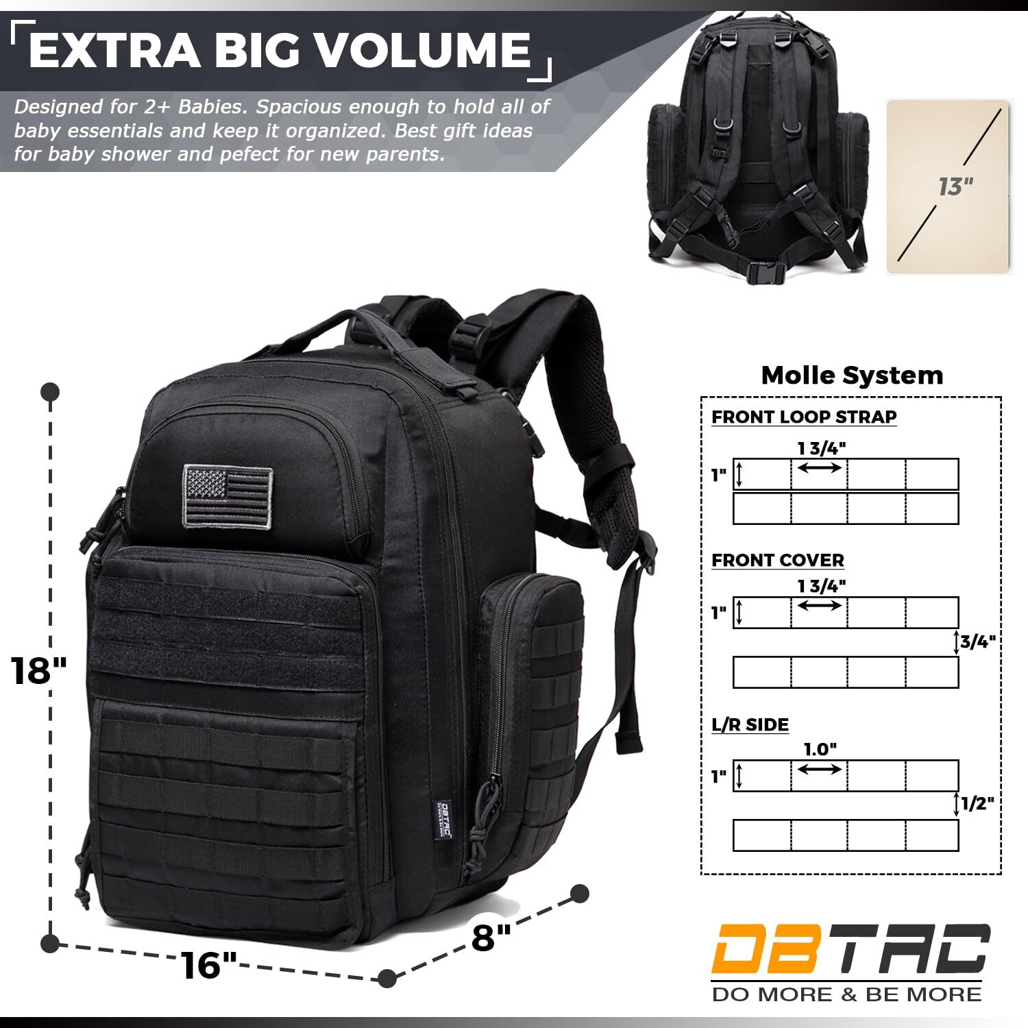 DHYMX Diaper Backpack Dad, Large Baby Nappy Bag for Men w/Changing designer bag Mat, Insulated+Wipe Pockets, Stroller Straps, Black