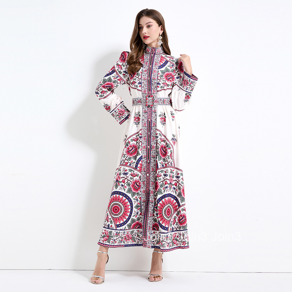 2158 Sensation Stand up Collar Lantern Sleeve Positioned Printed Long Sleeve Waist Ruffle Edge Skirt