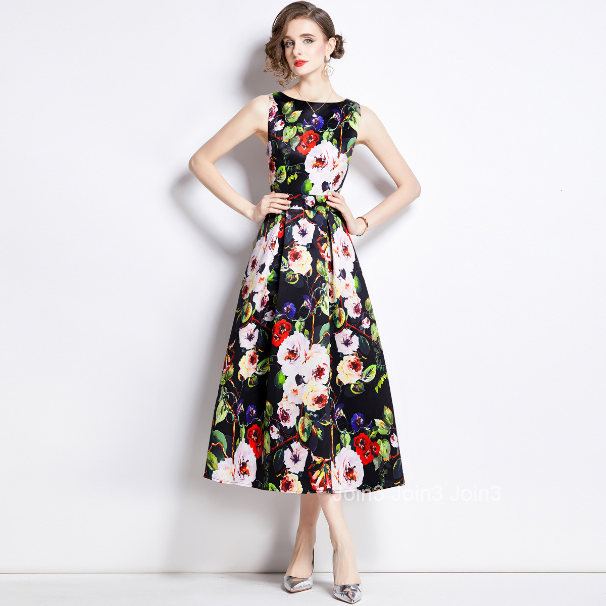 891 Summer New Womens Printed Sleeveless High Waist Dress Slim Waist Flared Long Dress