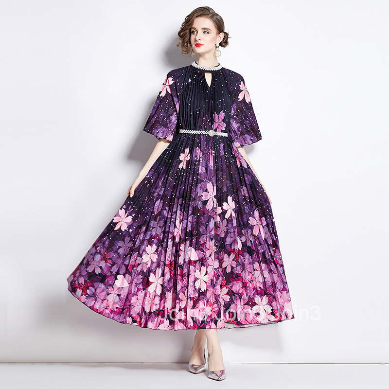 8720 summer new womens clothing style fashionable nail bead print pleated long skirt dress