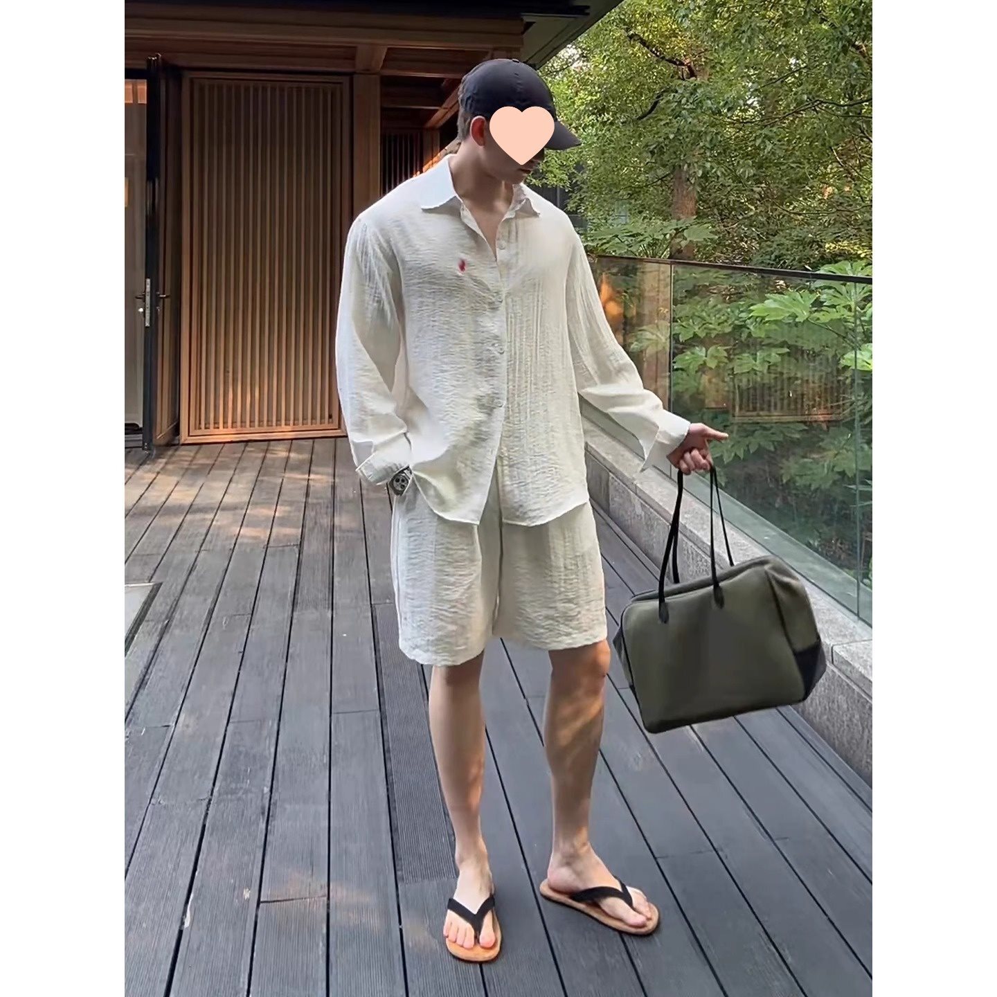 Old Money Style Sun Protection Linen Set for Men Summer Small Horse Logo Embroidered Long Sleeve Loose Lazy Draped Texture Shirt