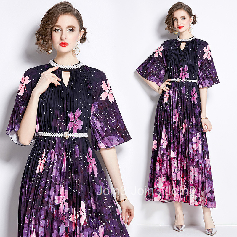 8720 summer new womens clothing style fashionable nail bead print pleated long skirt dress