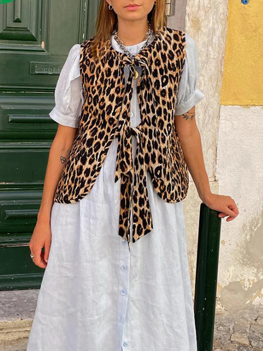 2024 Womens Leopard Print Waistcoat Bowknot Front Sleeveless VNeck Vest Casual Jacket Cardigan 250714