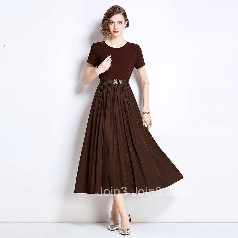 6012 Fashionable Mature Style Elegant Round Neck Short Sleeve Summer Waist Slimming Flared Long Dress