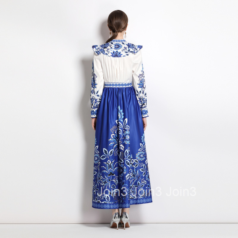 2296 Spring New Womens Printed Slimming Waist Elegant Long Sleeve Flared Long Dress