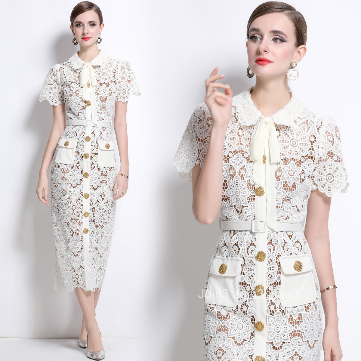 1698 Summer White Bow Tie Short Sleeve Single-Breasted Mid-Length Inner Slip Dress with Belt