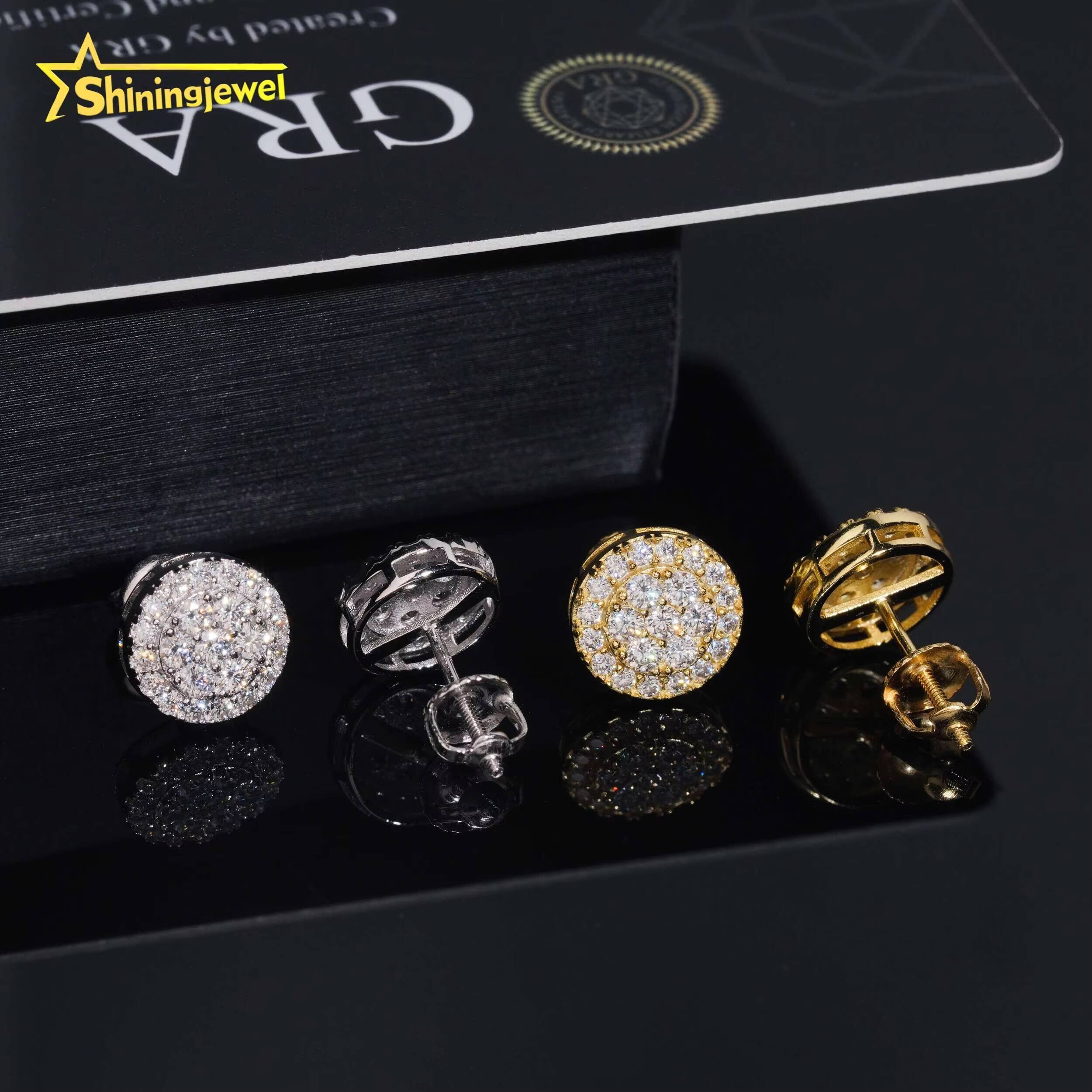 925 Sterling Silver Screw Back Cluster Hip-Hop Stud Earrings Paved With Round Cut Moissanite Trendy Design Engagement Wedding