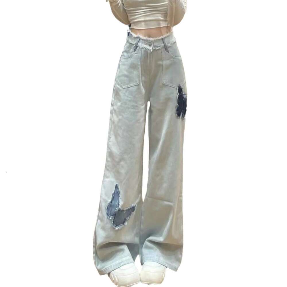 Light Blue Frayed Butterfly Straight Jeans for Women, Autumn New Embroidered Design, High Waist, Loose Fit, Slimming Wide Leg Pants