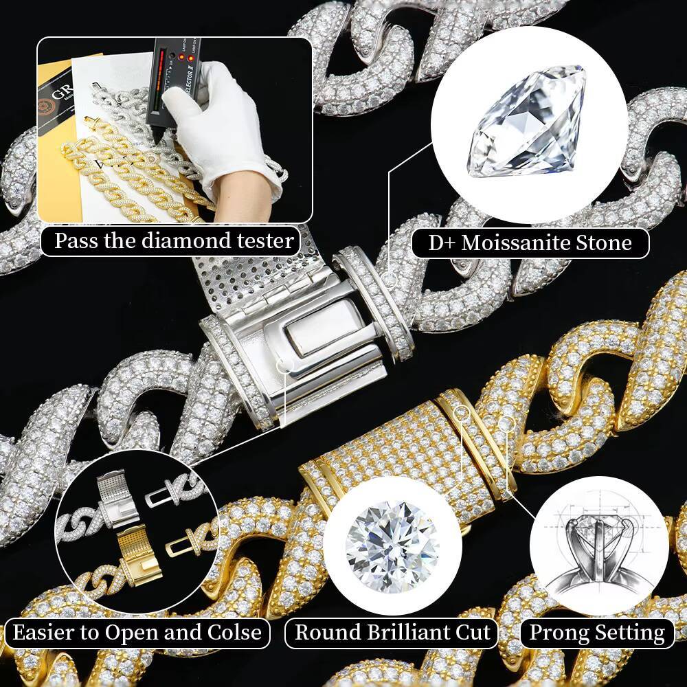 Wholesale 6MM 8MM 10mm 12mm 14mm Hip Hop Vvs Diamond Necklace Bracelet Men 925 Silver Iced Out Cuban Link Moissanite Chain