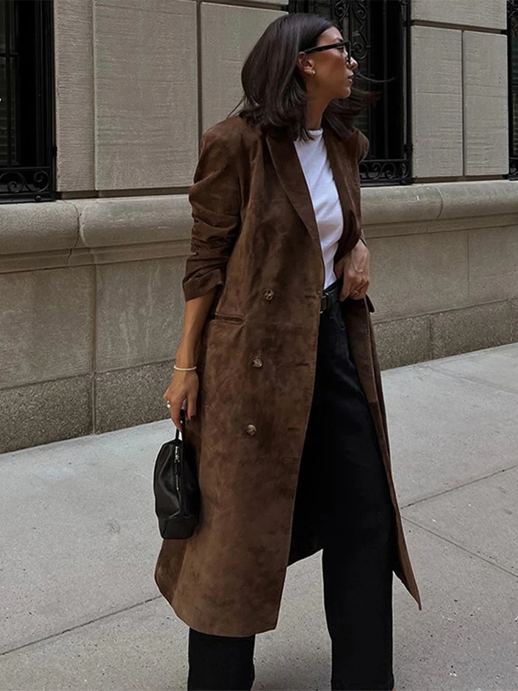 Elegant Suede Leather Women Long Windbreaker Coats Chic Lapel Double Breasted Lady Oversized Jackets Autumn Street Outwears 250716