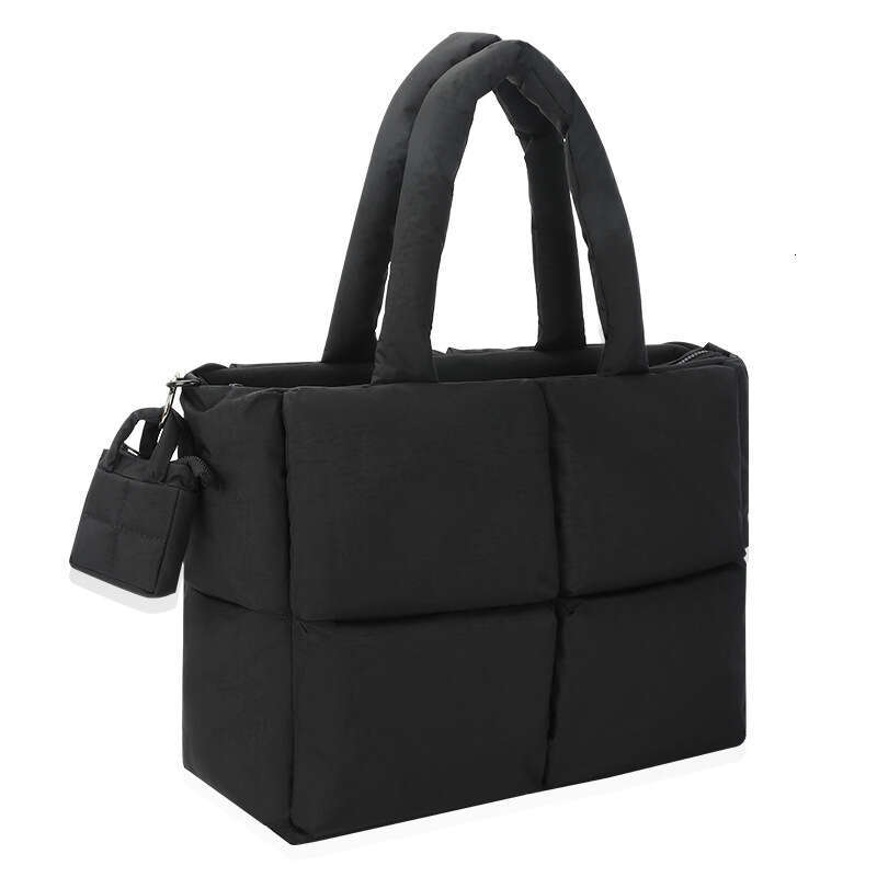 Simple Down Solid Color Cotton-Filled Space Tote Soft Checkered Handbag Shoulder Bag