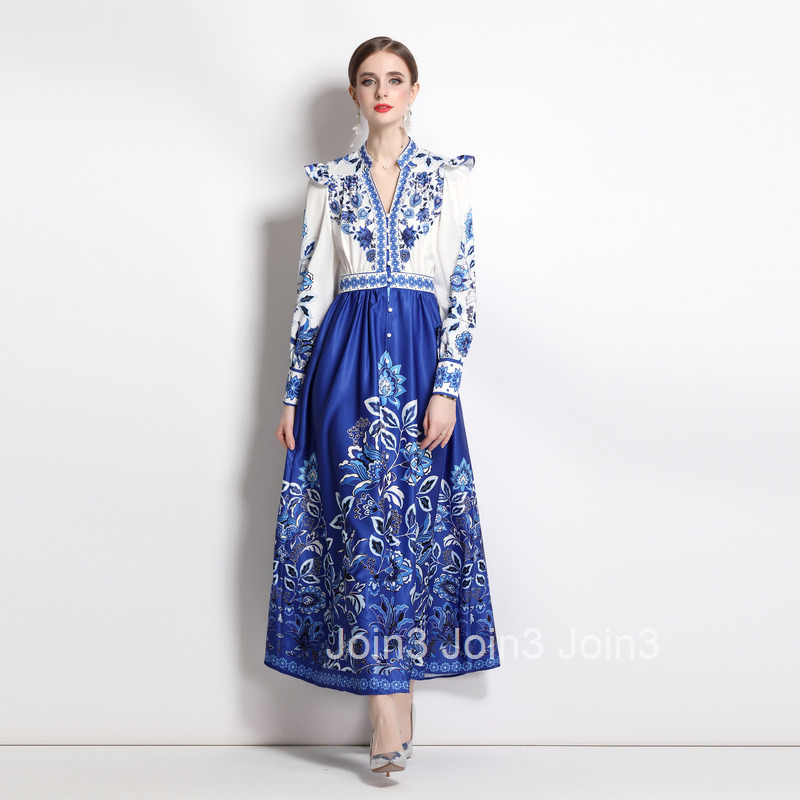 2296 Spring New Womens Printed Slimming Waist Elegant Long Sleeve Flared Long Dress