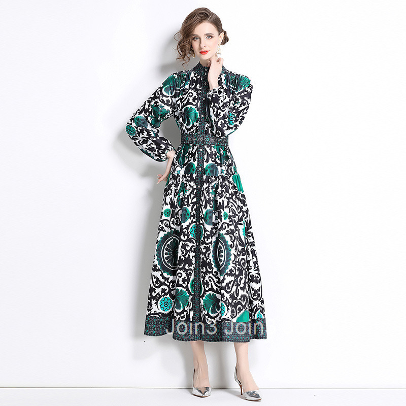 8755 Fashion Elegance Style Stand Collar Single-Breasted Printed Dress